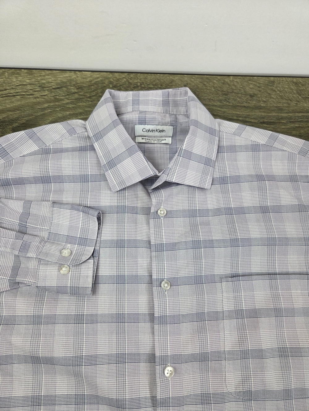 Calvin Klein Dress Shirt Men's 16-16.5 ~ 34/35 Large Purple Check Stretch Preppy